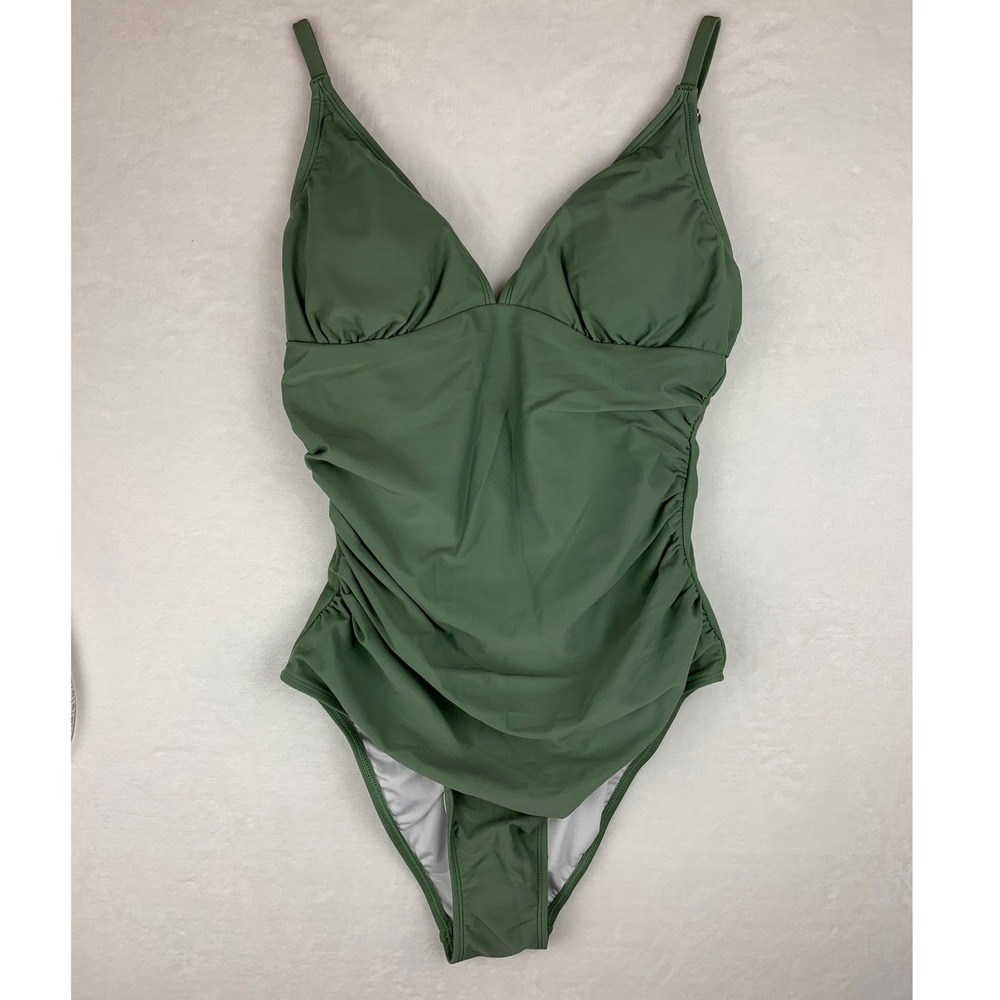NWT Cupshe Olive Green Ruched One Piece Swimsuit V-Neck Bathing Suit Size Medium